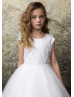 Pearls Neck White Satin Glitter Tulle Flower Girl Dress